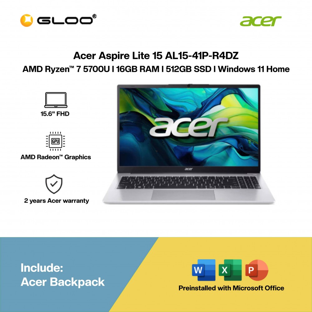 Acer Aspire Lite 15 AL15-41P-R4DZ Laptop (AMD Ryzen™ 7 5700U | 15.6” FHD | 16GB RAM | 512GB SSD | AMD Radeon™ Graphics | Windows 11 Home | Microsoft Office Home 2024 + Microsoft 365)