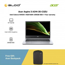 [Ready stock] Acer Aspire 3 A314-35-C3ZU Laptop (N4500,4GB,256GB SSD,Intel UHD Graphics,14"FHD,W11H,Silver)[ ETA: 3-5 Working Days]