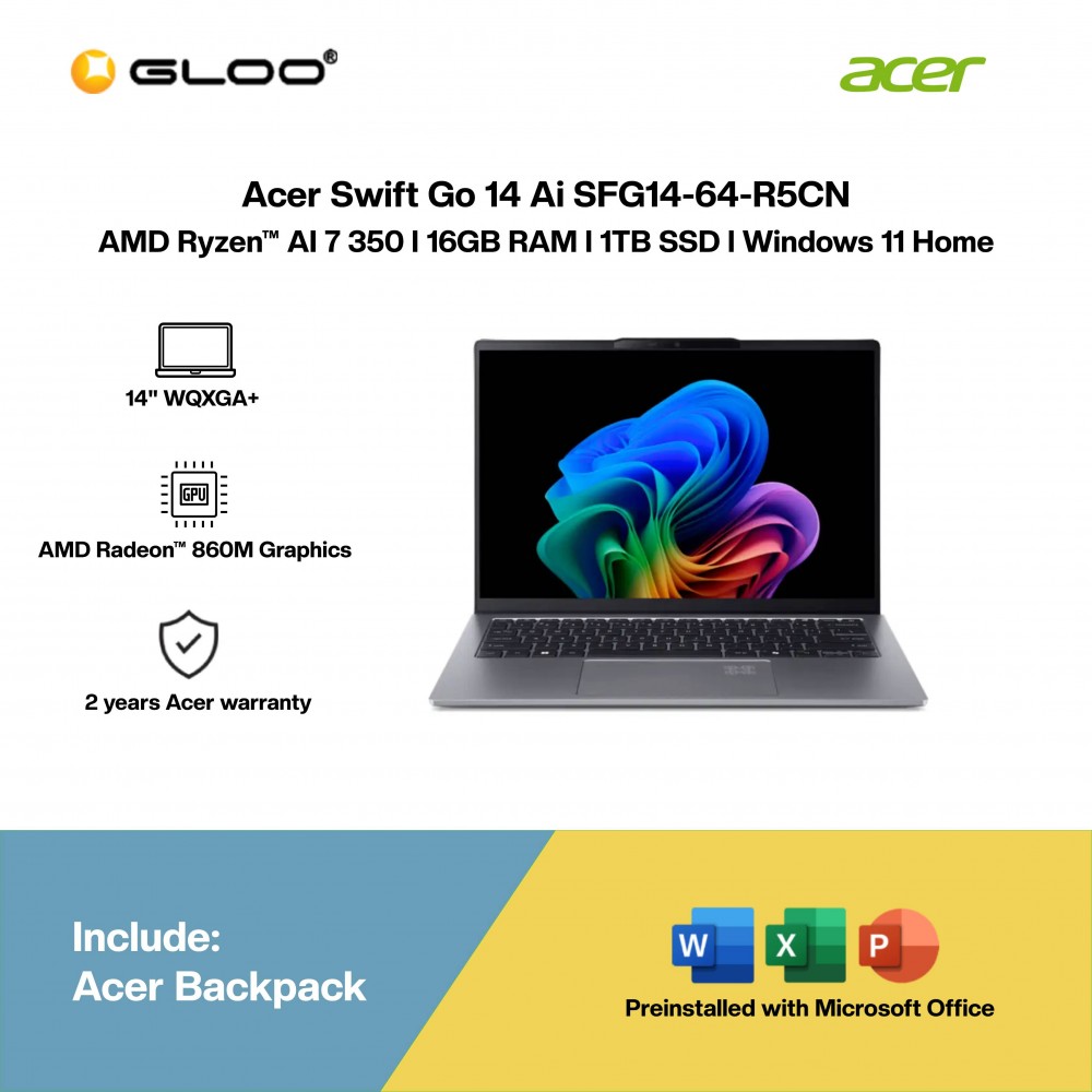 Acer Swift Go 14 Ai SFG14-64-R5CN Laptop (AMD Ryzen™ AI 7 350 | 14” WQXGA+ 2.8K OLED | 16GB RAM | 1TB SSD | AMD Radeon™ Graphics | Windows 11 Home | Microsoft Office Home & Student + Microsoft 365)
