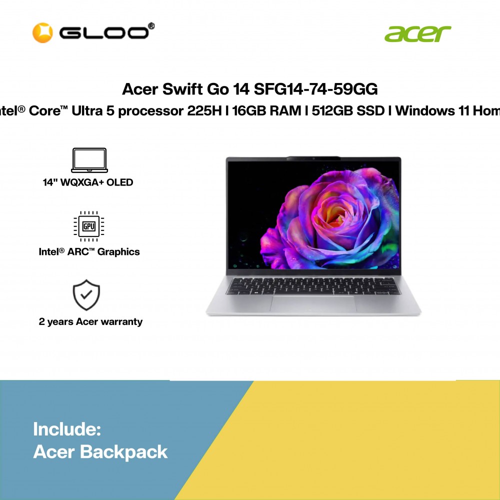Acer Swift Go 14 SFG14-74-59GG Laptop (Intel® Core™ Ultra 5 225H | 14" WQXGA+ | 16GB RAM | 512GB SSD | Intel® Arc Graphics | Windows 11 Home | Office Home & Student + M365)
