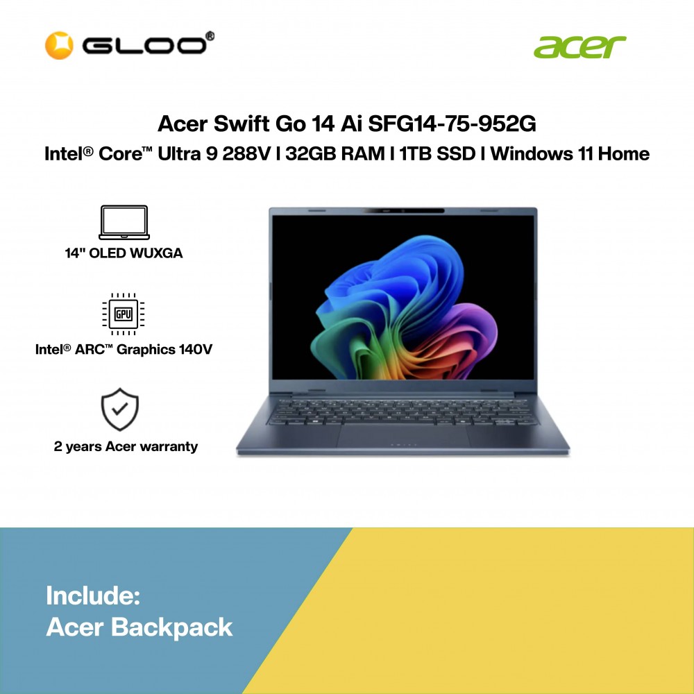 Acer Swift Go 14 AI SFG14-75-952G Laptop (Intel® Core™ Ultra 9 288V | 14" WUXGA OLED | 32GB RAM | 1TB SSD | Intel® Arc™ Graphics | Windows 11 Home | Microsoft Office Home 2024 + Microsoft 365 Basic)