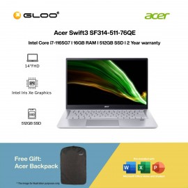 [Intel EVO] [Pre-order] Acer Swift 3 SF314-511-76QE Laptop Pure Silver (i7-1165G7,16GB,512G SSD,Intel Iris Xe Graphics,14"FHD,W11H) [FREE] Acer Urban Backpack V2 + Pre-installed with Microsoft Office Home and Student [ETA:3-5 working days]