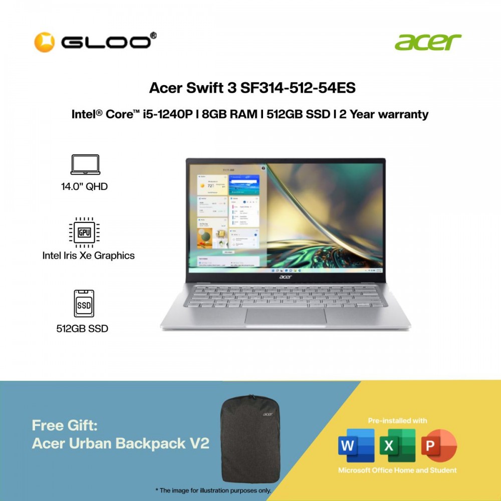 [Intel EVO l Pre-order] Acer Swift 3 SF314-512-54ES Laptop (i5-1240P,8GB,512GB SSD,Intel Iris Xe,H&S,14”QHD,W11H,Silver) [ETA:3-5 working days]