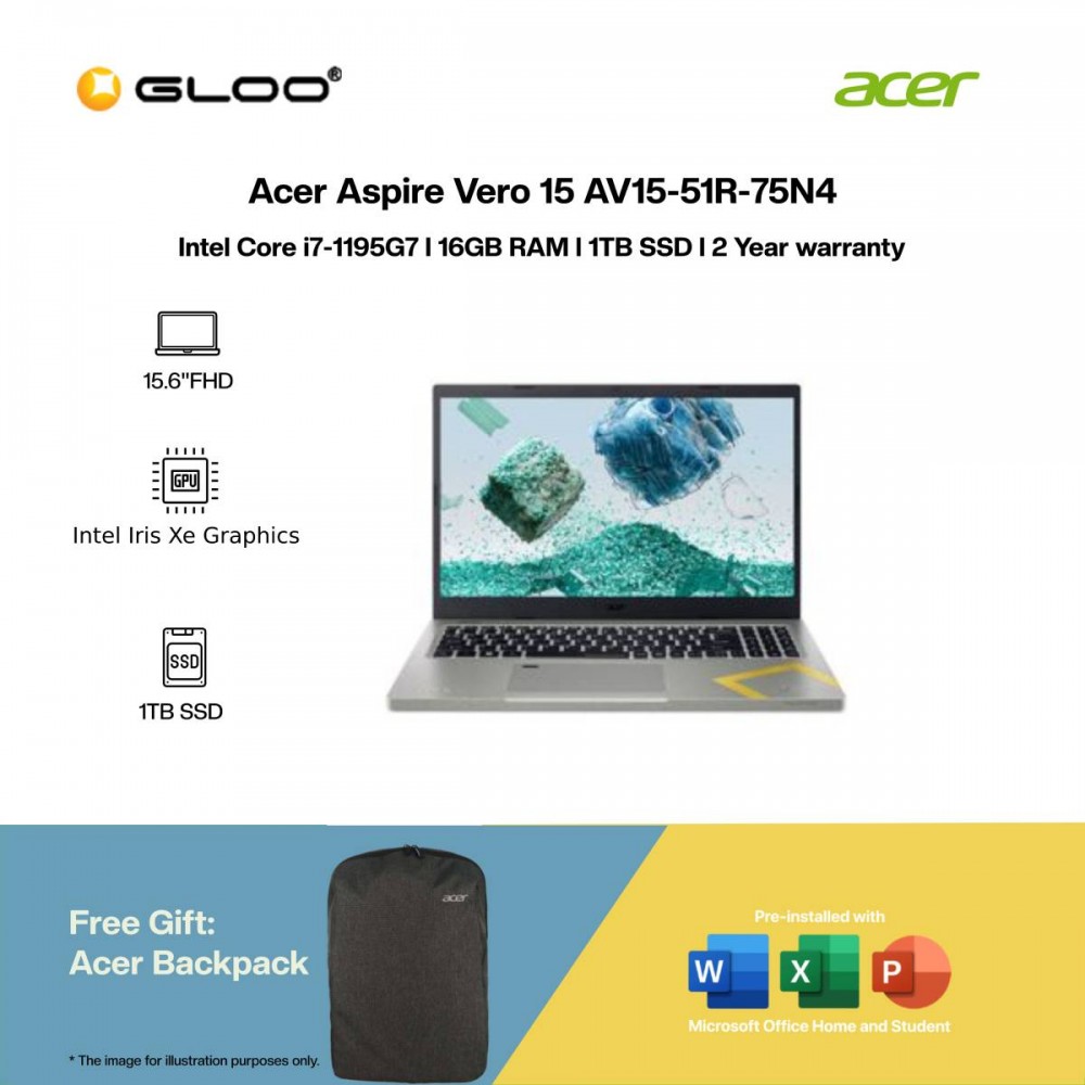 [Pre-order] Acer Aspire Vero 15 AV15-51R-75N4 Laptop (i7-1195G7,16GB,1TB SSD,Intel Iris Xe,H&S,15.6"FHD,W11H,Grey) [ ETA: 3-5 Working Days]