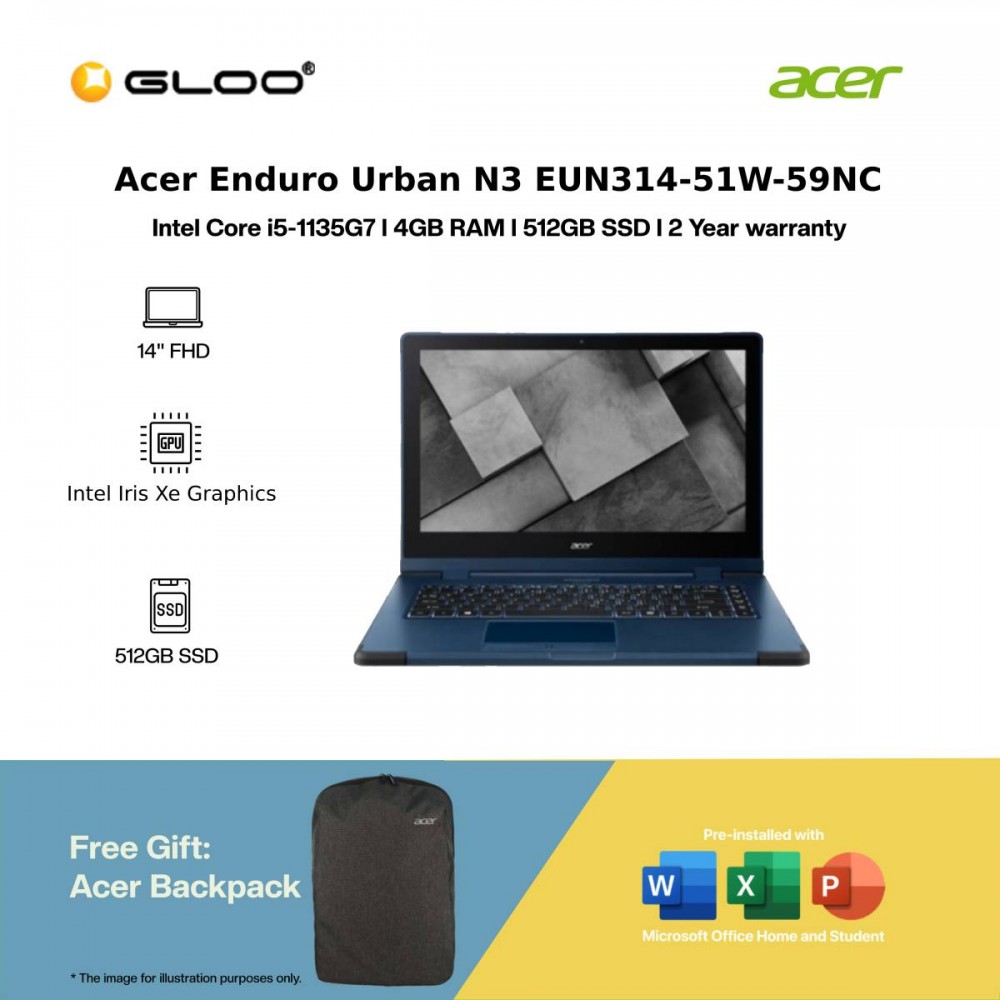 [Pre-order] Acer Enduro Urban N3 EUN314-51W-59NC Laptop (EnduroUrbanN3,i5-1135G7,4GB,512GB,SSD,Intel Iris Xe,14"FHD,H&S,W10H,Blue) [ETA: 3-5 Working Days]
