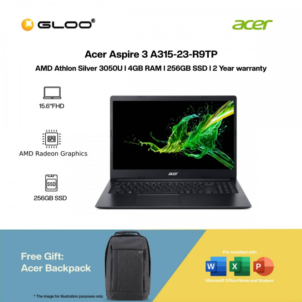 [Ready stock] Acer Aspire 3 A315-23-R9TP Laptop (Athlon 3050U,4GB,256GB SSD,AMD Radeon Graphics,H&S,15.6"FHD,W11H,Black)