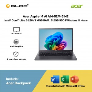 Acer Aspire 14 Ai A14-52M-51NE Laptop (Intel® Core™ Ultra 5 226V | 14" WUXGA | 16GB RAM | 512GB SSD | Intel Graphics | Windows 11 Home |Microsoft Office Home 2024 + Microsoft 365)