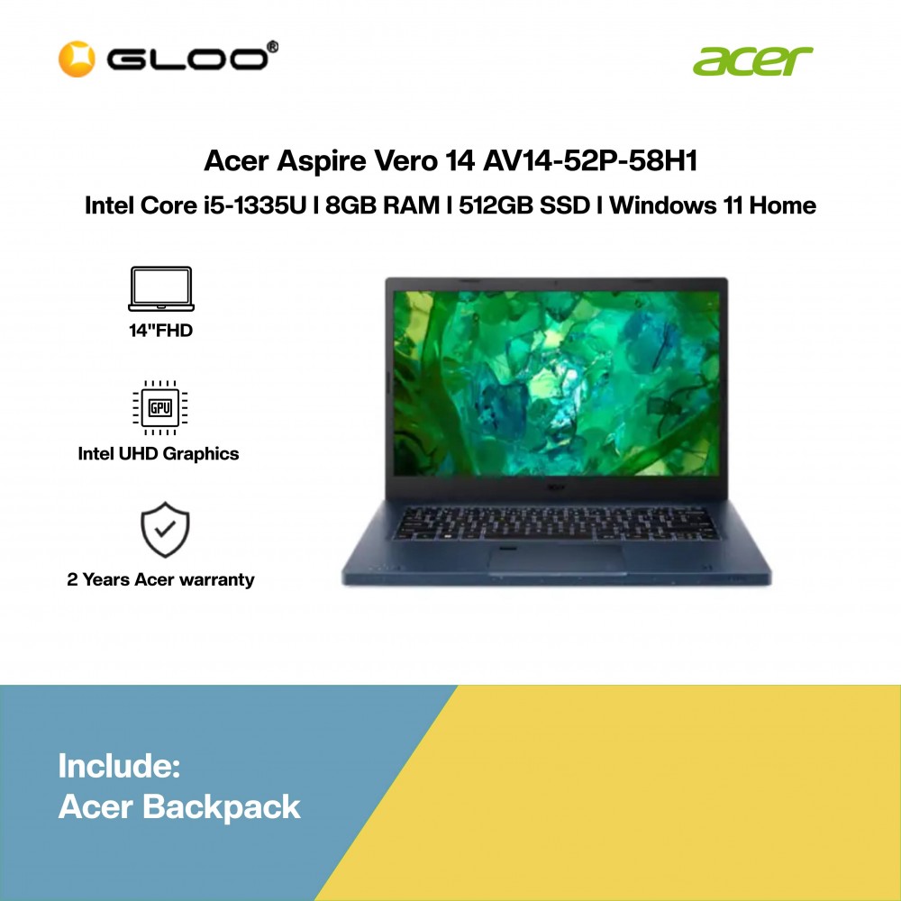 [Pre-order] Acer Aspire Vero 14 AV14-52P-58H1 Laptop (i5-1335U,8GB,512GB SSD,Intel UHD Graphics,H&S,14"FHD,W11H,Blue) [ETA: 3-5 working days]