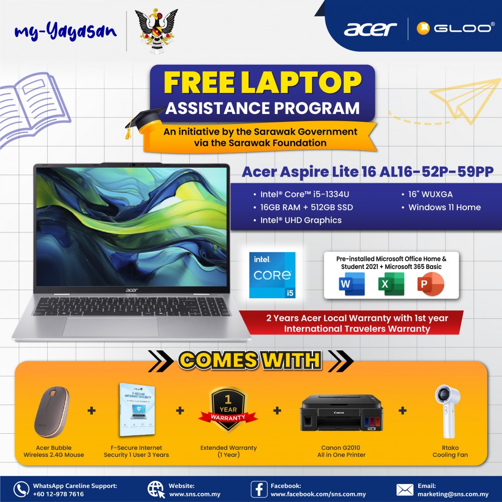 (my-Yayasan) Acer Aspire Lite 16 AL16-52P-59PP Laptop (Intel Core i5-1334U | 16” WUXGA | 16GB RAM | 512GB SSD | Intel UHD Graphics | Windows 11 Home | Office Home & Student + Office 365)