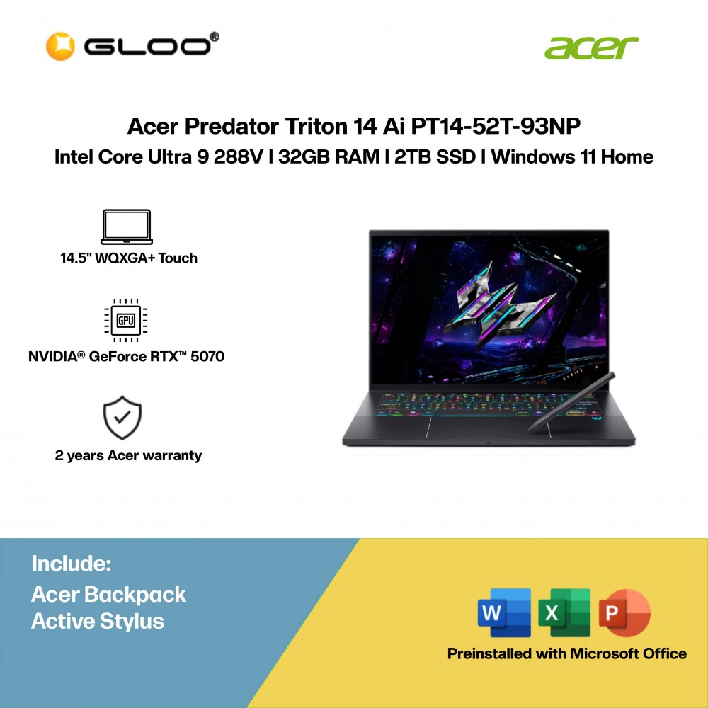 Acer Predator Triton 14 Ai PT14-52T-93NP Gaming Laptop (NVIDIA® GeForce RTX™ 5070 | Intel Core Ultra 9 288V | 14.5” WQXGA+ Touch | 32GB RAM | 2TB SSD | Windows 11 Home | Microsoft Office Home 2024 + Microsoft 365 Basic)