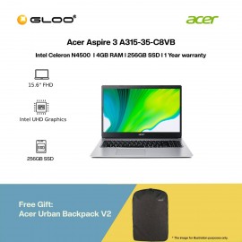 [Ready stock] Acer Aspire 3 A315-35-C8VB Laptop Pure Silver (Celeron N4500,4GB,256GB SSD,Intel UHD Graphics,15.6"FHD,W11H) [FREE] Acer Urban Backpack V2