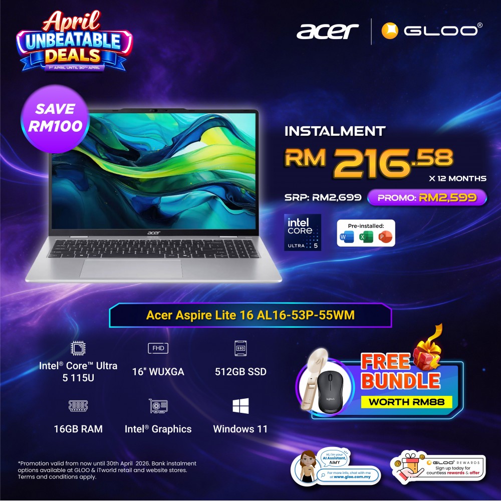Acer Aspire Lite 16 AL16-53P-55WM Laptop (Intel® Core™ Ultra 5 115U | 16" WUXGA | 16GB RAM | 512GB SSD | Intel UHD Graphics | Windows 11 Home| Microsoft Office Home 2024 + Microsoft 365 Basic)