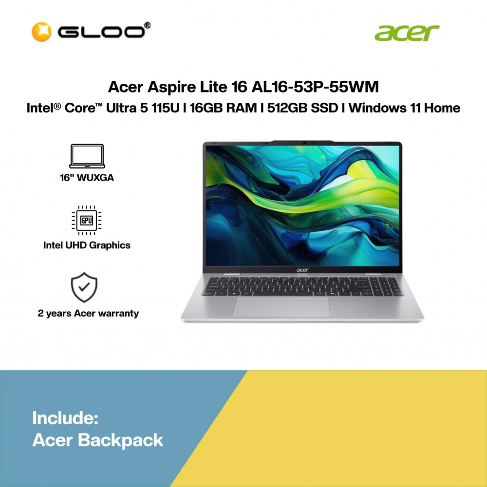 Acer Aspire Lite 16 AL16-53P-55WM Laptop (Intel® Core™ Ultra 5 115U | 16" WUXGA | 16GB RAM | 512GB SSD | Intel UHD Graphics | Windows 11 Home| Microsoft Office Home 2024 + Microsoft 365 Basic)
