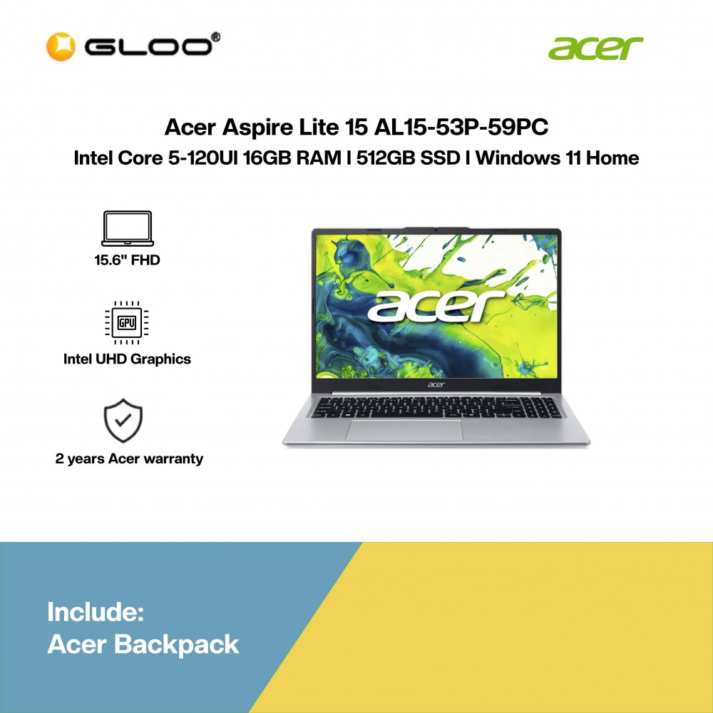 Acer Aspire Lite 15 AL15-53P-59PC Laptop (Intel Core 5-120U | 15.6" FHD | 16GB RAM | 512GB SSD | Intel UHD Graphics | Windows 11 Home | Preinstalled with Microsoft Office Home & Student + Microsoft 365 Basic)