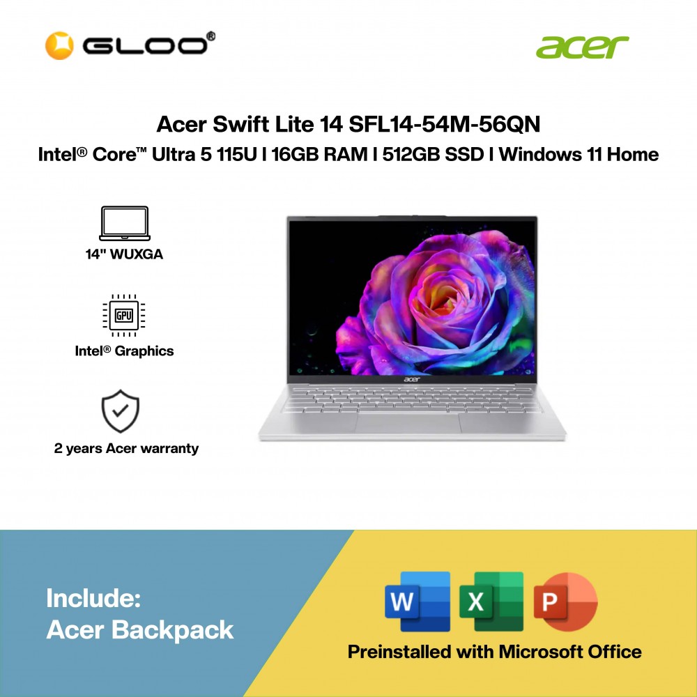 Acer Swift Lite 14 SFL14-54M-56QN Laptop (Intel® Core™ Ultra 5 115U | 14" WUXGA | 16GB RAM | 512GB SSD | Intel Graphics | Windows 11 Home |Microsoft Office Home 2024 + Microsoft 365)