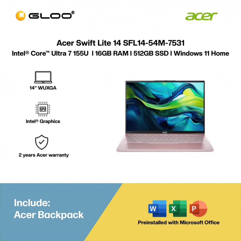 Acer Swift Lite 14 SFL14-54M-7531 Laptop (Intel® Core™ Ultra 7 155U | 14” WUXGA | 16GB RAM | 512GB SSD | Intel® Graphics | Windows 11 Home | Microsoft Office Home 2024 + Microsoft 365 Basic)