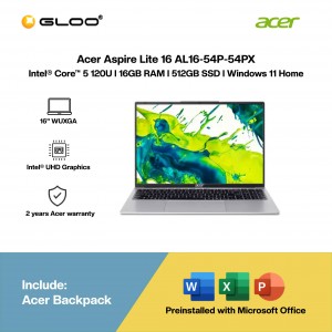 Acer Aspire Lite 16 AL16-54P-54PX Laptop (Intel® Core™ 5 120U | 16" WUXGA | 16GB RAM | 512GB SSD | Intel® UHD Graphics | Windows 11 Home |Microsoft Office Home 2024 + Microsoft 365)