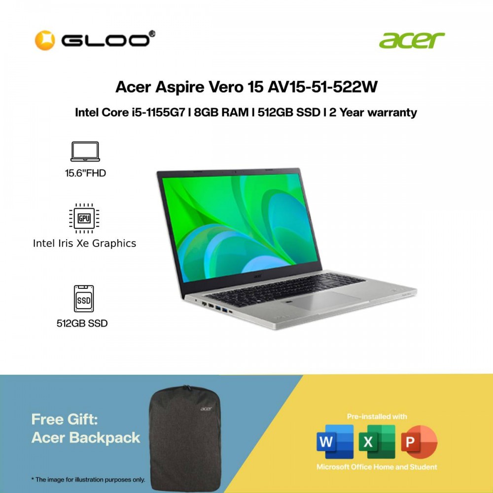 [Pre-order] Acer Aspire Vero 15 AV15-51-522W Laptop (i5-1155G7,8GB,512GB SSD,Intel Iris Xe,H&S,15.6"FHD,W11H,Grey) [ ETA: 3-5 Working Days]