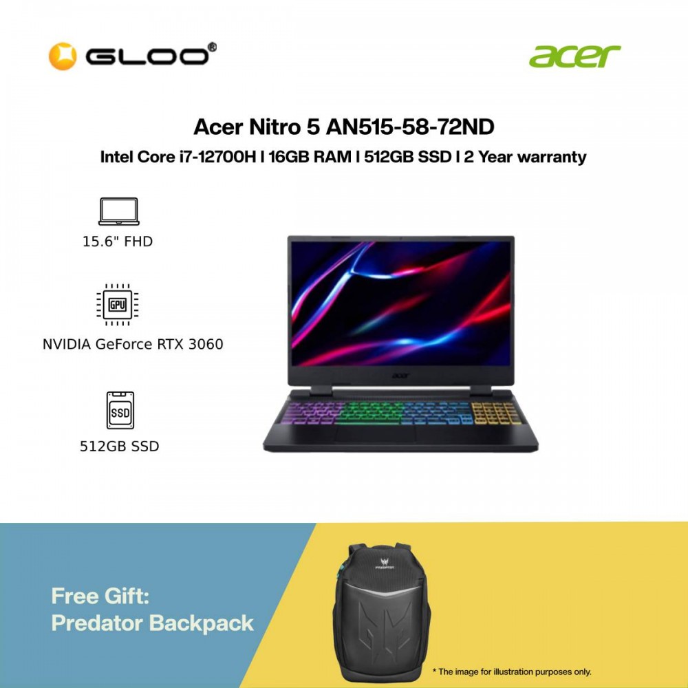 [Pre-order] Acer Nitro 5 AN515-58-72ND Gaming Laptop (i7-12700H,16GB,512GB SSD,RTX3060 6GB,15.6"FHD,W11H,Black Red) [ ETA: 3-5 Working Days]