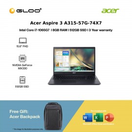 [Pre-order] Acer Aspire 3 A315-57G-74X7 Laptop (i7-1065G7,8GB,512GB SSD,MX330 2GB,H&S,15.6"FHD,W11H,Black) [ ETA: 3-5 Working Days]