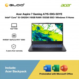 Acer Aspire 7 Gaming A715-59G-50YE Gaming Laptop (Intel® Core™ i5-13420H | 15.6" FHD | 16GB RAM | 512GB SSD | NVIDIA® GeForce RTX™ 3050 6GB | Windows 11 Home |Microsoft Office Home 2024 + Microsoft 365)