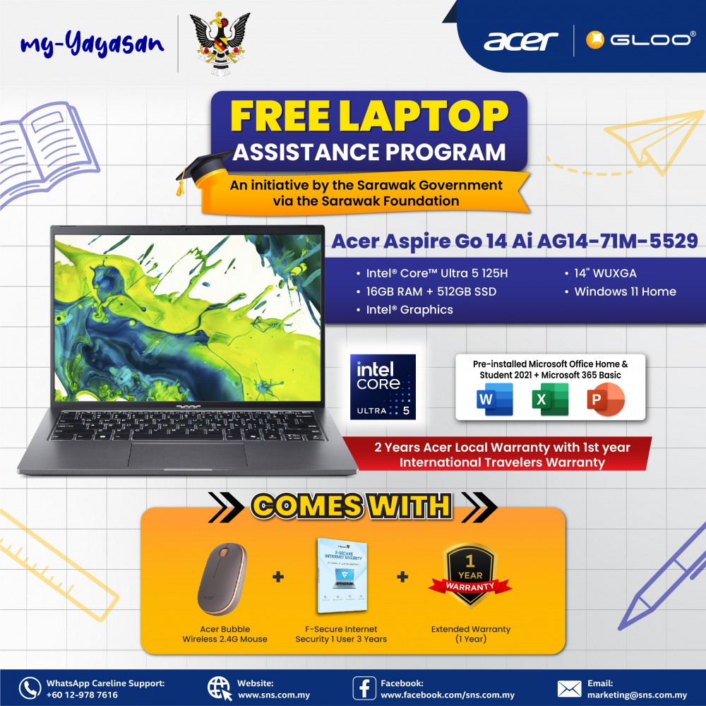 (my-Yayasan) Acer Aspire Go 14 AG14-71M-5529 Laptop (Intel® Core™ Ultra 5 processor 125H | 14" WUXGA | 16GB RAM | 512GB SSD | Intel® Graphics | Windows 11 Home | Office Home & Student)