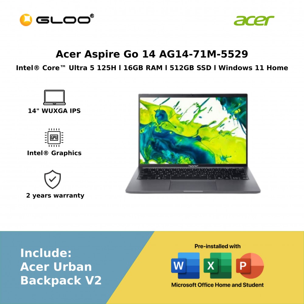 Acer Aspire Go 14 AG14-71M-5529 Laptop (Intel® Core™ Ultra 5 processor 125H | 14" WUXGA | 16GB RAM | 512GB SSD | Intel® Graphics | Windows 11 Home | Office Home & Student)