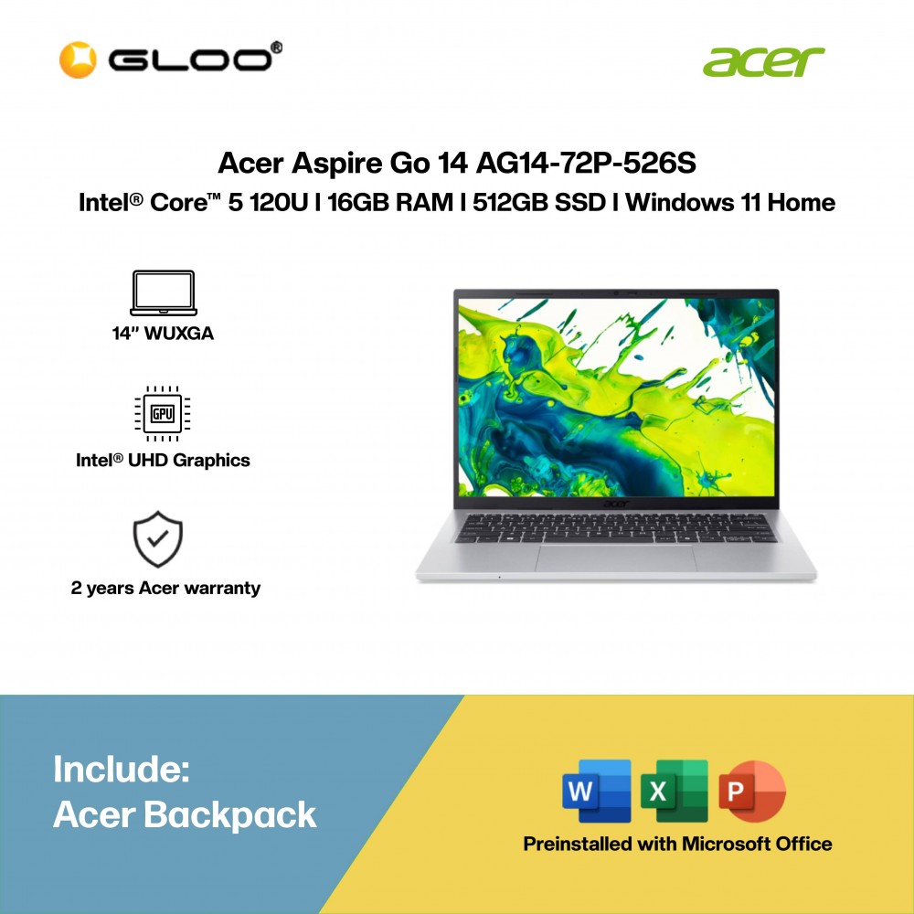 Acer Aspire Go 14 AG14-72P-526S Laptop (Intel® Core™ 5 120U | 14” WUXGA | 16GB RAM | 512GB SSD | Intel® UHD Graphics | Windows 11 Home | Microsoft Office Home 2024 + Microsoft 365 Basic)