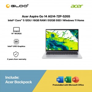 Acer Aspire Go 14 AG14-72P-526S Laptop (Intel® Core™ 5 120U | 14” WUXGA | 16GB RAM | 512GB SSD | Intel® UHD Graphics | Windows 11 Home | Microsoft Office Home 2024 + Microsoft 365 Basic)
