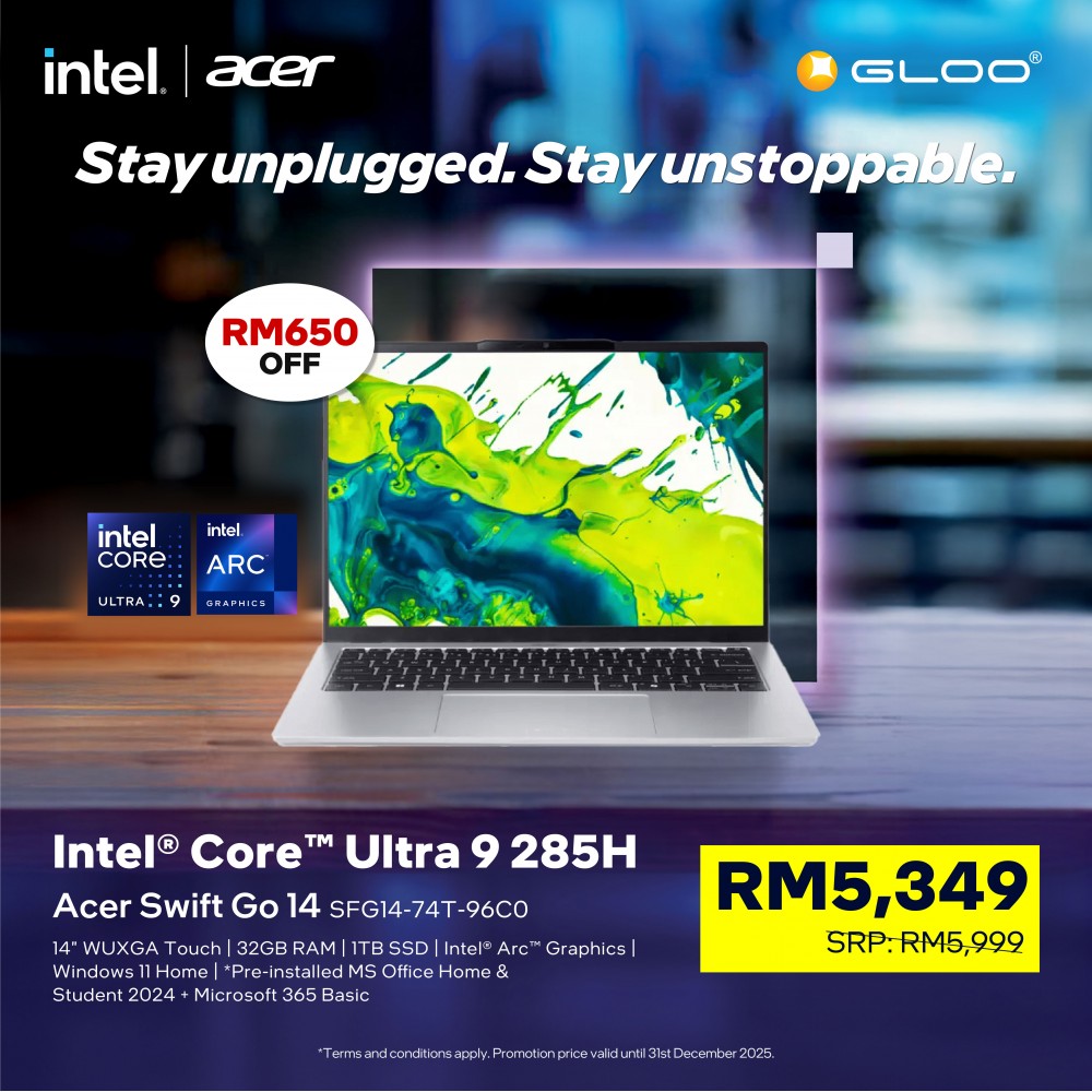 Acer Swift Go 14 SFG14-74T-96C0 Laptop (Intel® Core™ Ultra 9 285H | 14" WUXGA Touch | 32GB RAM | 1TB SSD | Intel® Arc™ Graphics | Windows 11 Home |Microsoft Office Home 2024 + Microsoft 365)