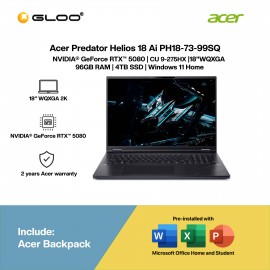 Acer Predator Helios 18 Ai PH18-73-99SQ Gaming Laptop (NVIDIA® GeForce RTX™ 5080 | CU 9-275HX |18"WQXGA | 96GB RAM | 4TB SSD | Windows 11 Home | Office Home & Student + M365) 