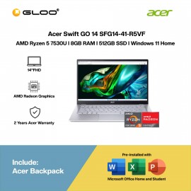 [Pre-order] Acer Swift GO 14 SFG14-41-R5VF Laptop (R5-7530U,8GB,512GB SSD,AMD Radeon Graphics,H&S,14”FHD,W11H,Sil) [ETA: 3-5 working days]