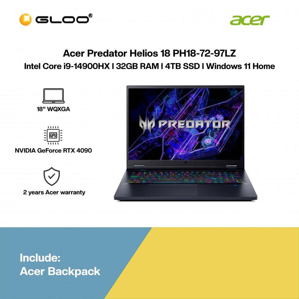 [Pre-order] Acer Predator Helios 18 PH18-72-97LZ Gaming Laptop (i9-14900HX,32GB,4TB SSD,RTX4090 16GB,18” WQXGA,W11H,Blk,2Y) [ETA:3-5 working days]