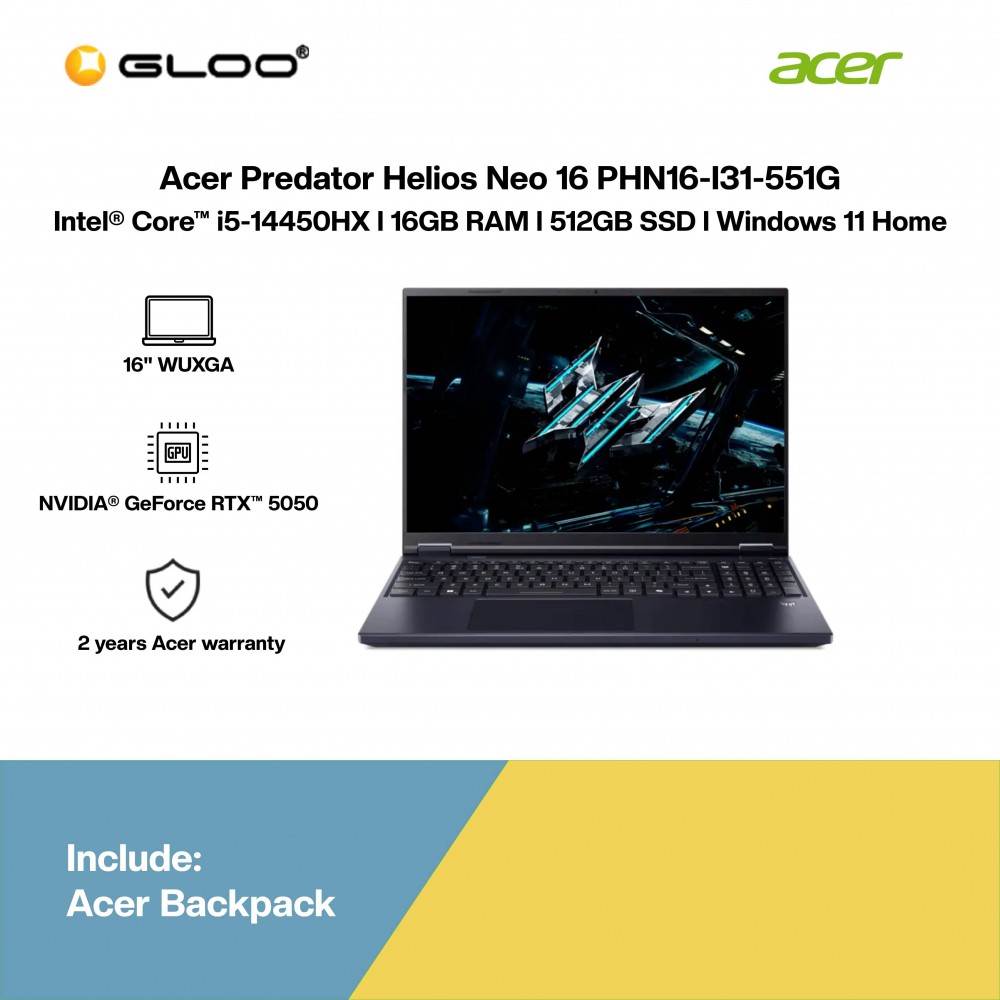 Acer Predator Helios Neo 16 PHN16-I31-551G Gaming Laptop (NVIDIA® GeForce RTX™ 5050 | Intel® Core™ i5-14450HX | 16" WUXGA | 16GB RAM | 512GB SSD | Windows 11 Home | Preinstalled Microsoft Office Home & Student + Microsoft 365 Basic)