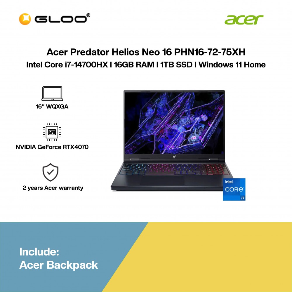 Acer Predator Helios Neo 16 PHN16-72-75XH Gaming Laptop (i7-14700HX,16GB,1TB SSD,RTX4070 8GB,16” WQXGA,W11H,Blk,2 Yrs)