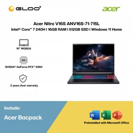Acer Nitro V16S ANV16S-71-715L Gaming Laptop (NVIDIA® GeForce RTX™ 5060 | Intel® Core™ 7 240H | 16” WQXGA | 16GB RAM | 512GB SSD | Windows 11 Home | Microsoft Office Home 2024 + Microsoft 365 Basic)