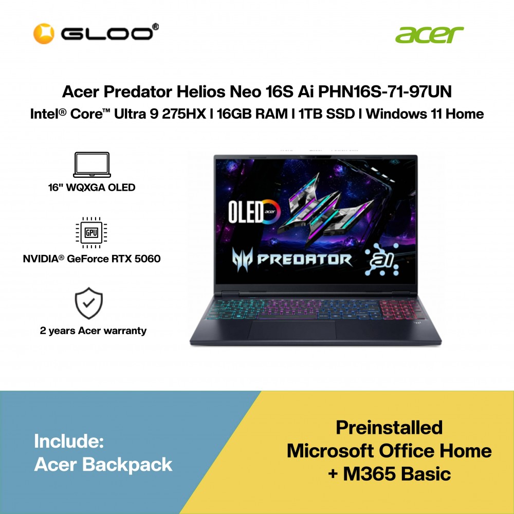 Acer Predator Helios Neo 16S Ai PHN16S-71-97UN Gaming Laptop (NVIDIA® GeForce RTX™ 5060 | CU 9-275HX | 16”WQXGA OLED | 32GB RAM | 1TB SSD | Windows 11 Home | Office Home + M365)