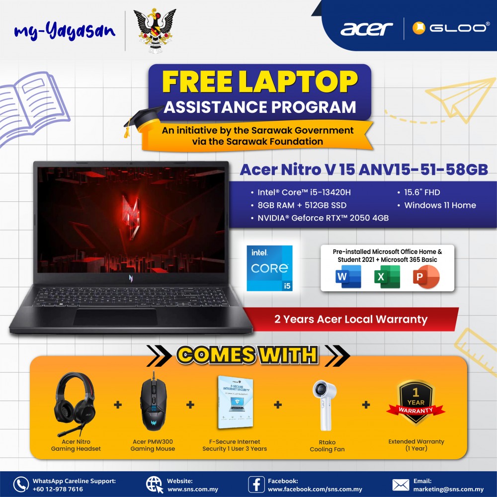 (my-Yayasan) Acer Nitro V15 ANV15-51-58GB Laptop (Intel® Core™ i5-13420H Processor | 15.6” FHD | 8GB RAM | 512GB SSD | NVIDIA® Geforce RTX™ 2050 | Windows 11 Home) 