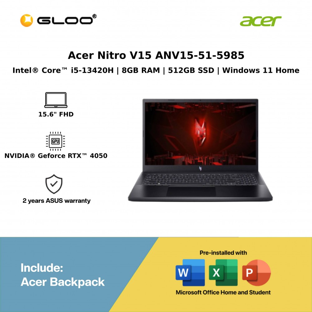 Acer Nitro V15 ANV15-51-5985 Laptop (Intel® Core™ i5-13420H Processor | 15.6” FHD | 8GB RAM | 512GB SSD | NVIDIA® Geforce RTX™ 4050 | Windows 11 Home)