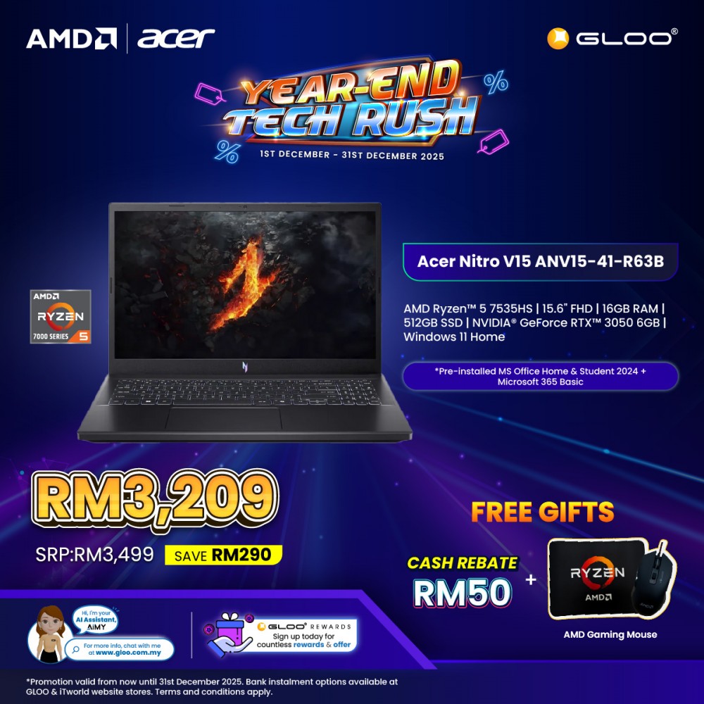 Acer Nitro V15 ANV15-41-R63B Gaming Laptop (AMD Ryzen™ 5 7535HS | 15.6” FHD | 16GB RAM | 512GB SSD | NVIDIA® GeForce RTX™ 3050 | Windows 11 Home | Microsoft Office Home & Student + Microsoft 365)
