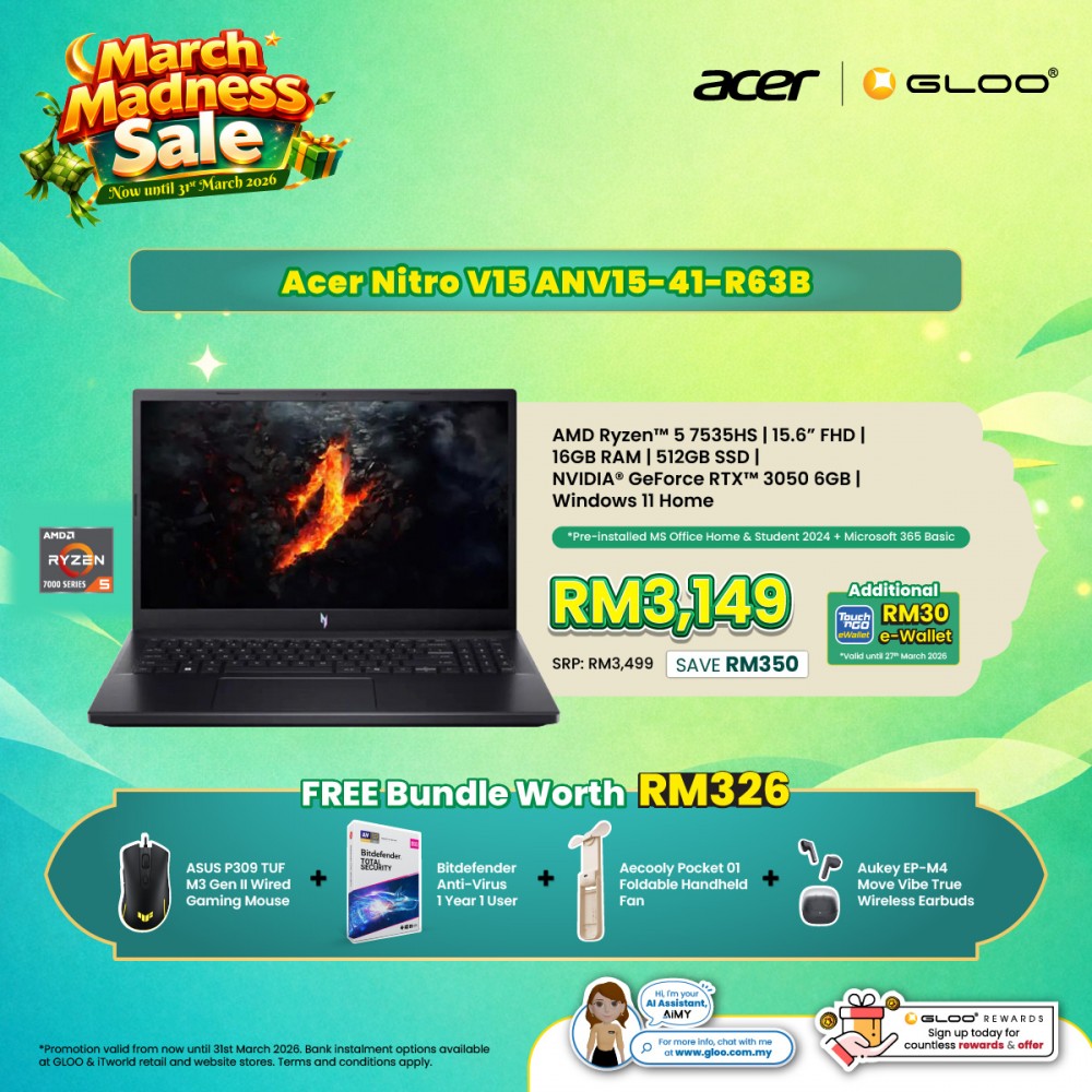 Acer Nitro V15 ANV15-41-R63B Gaming Laptop (AMD Ryzen™ 5 7535HS | 15.6” FHD | 16GB RAM | 512GB SSD | NVIDIA® GeForce RTX™ 3050 | Windows 11 Home | Microsoft Office Home & Student + Microsoft 365)