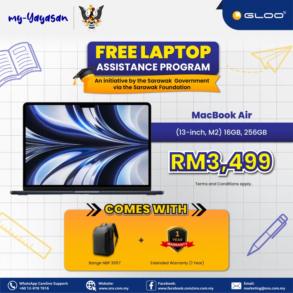 (my Yayasan) Apple 13-inch MacBook Air, M2 chip with 8-core CPU and 8-core GPU, 16GB, 256GB - Space Grey