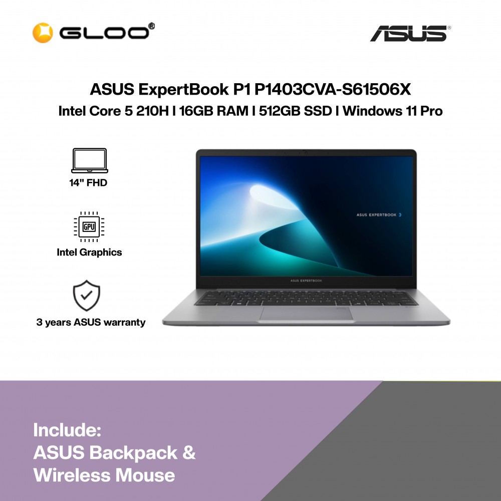 ASUS ExpertBook P1 P1403CVA-S61506X Business Laptop (Intel Core 5 210H | 14" FHD | 16GB RAM | 512GB SSD | Intel Graphics | Windows 11 Pro | 3 Years Warranty)