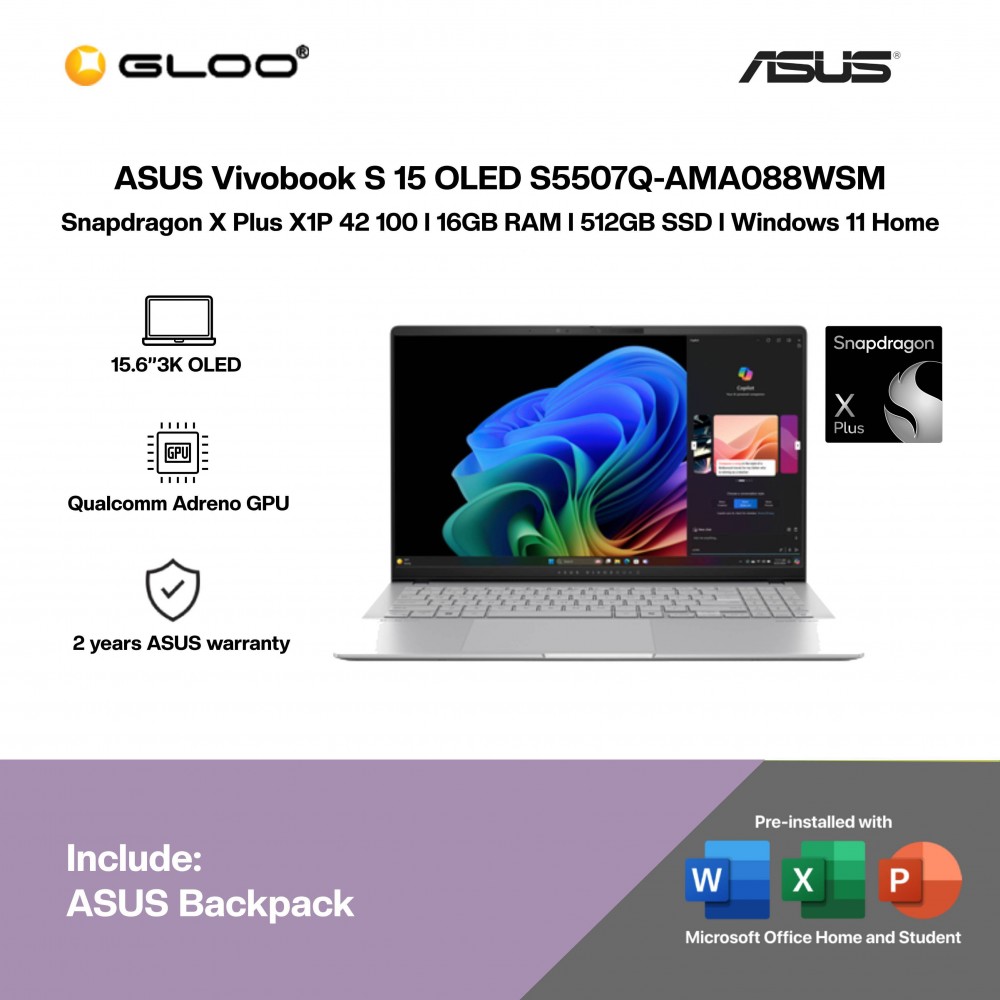ASUS Vivobook S 15 OLED S5507Q-AMA088WSM Laptop (Snapdragon X Plus X1P 42 100 | 15.6”3K OLED | 16GB RAM | 512GB SSD | Qualcomm Adreno GPU | Windows 11 Home | Office Home & Student + Office 365)