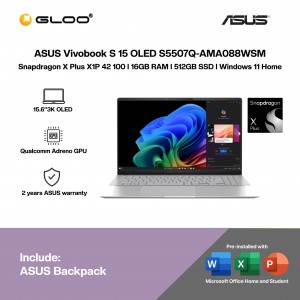 ASUS Vivobook S 15 OLED S5507Q-AMA088WSM Laptop (Snapdragon X Plus X1P 42 100 | 15.6”3K OLED | 16GB RAM | 512GB SSD | Qualcomm Adreno GPU | Windows 11 Home | Office Home & Student + Office 365)
