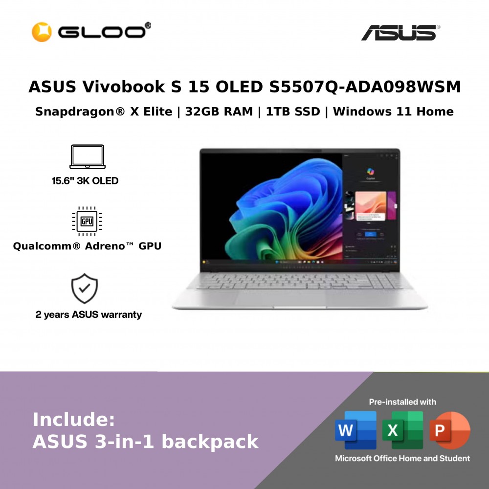 ASUS Vivobook S 15 OLED S5507Q-ADA098WSM Laptop (Snapdragon® X Elite X1E 78 100 | 15.6”3.2K OLED | 32GB RAM | 1TB SSD | Qualcomm® Adreno™ GPU | Windows 11 Home)