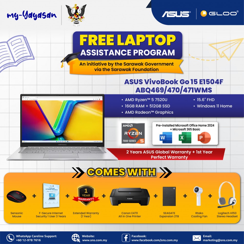 (my-Yayasan) ASUS Vivobook Go 15 E1504F-ABQ469WMS Laptop (AMD Ryzen™ 5 7520U | 15.6” FHD | 16GB RAM | 512GB SSD | AMD Radeon™ Graphics | Windows 11 Home)