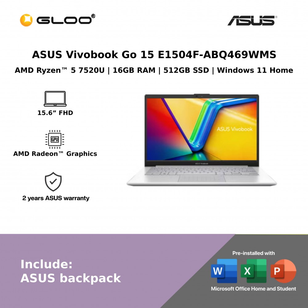 ASUS Vivobook Go 15 E1504F-ABQ469WMS Laptop (AMD Ryzen™ 5 7520U | 15.6” FHD | 16GB RAM | 512GB SSD | AMD Radeon™ Graphics | Windows 11 Home)