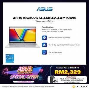 [Pre-order] Asus VivoBook 14 A1404V-AAM168WS Laptop (i5-1335U,8GB,512GB SSD,Intel UHD Graphics,H&S,14"FHD,W11H,Silver) [ETA:3-5 working days]