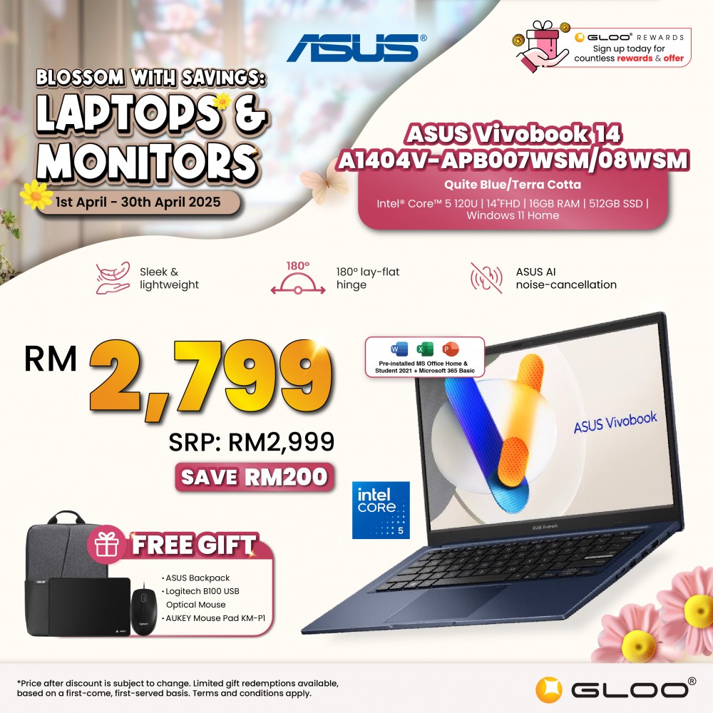 ASUS Vivobook 14 A1404V-APB007WSM Laptop (C5-120U,16GB,512GB SSD,Intel Graphics,H&S+M365,14” FHD,W11H,Blue,2Y)